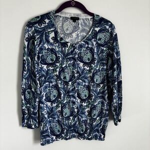 Talbots Womens Blue Green Paisley Button‎ Cardigan Sweater Size M 3/4 Sleeves